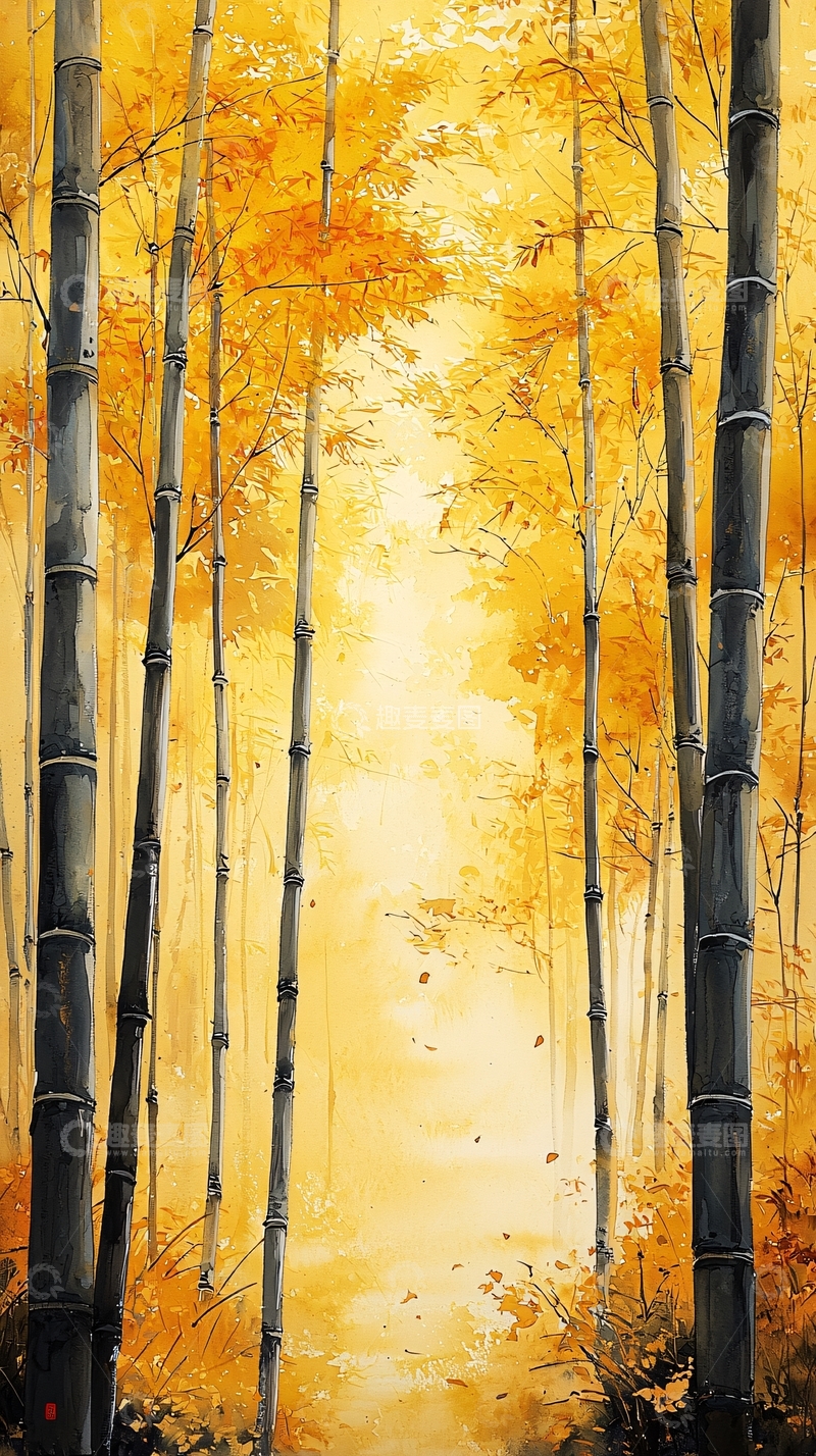 高清大图下载【趣麦麦图】金黄竹林意境图