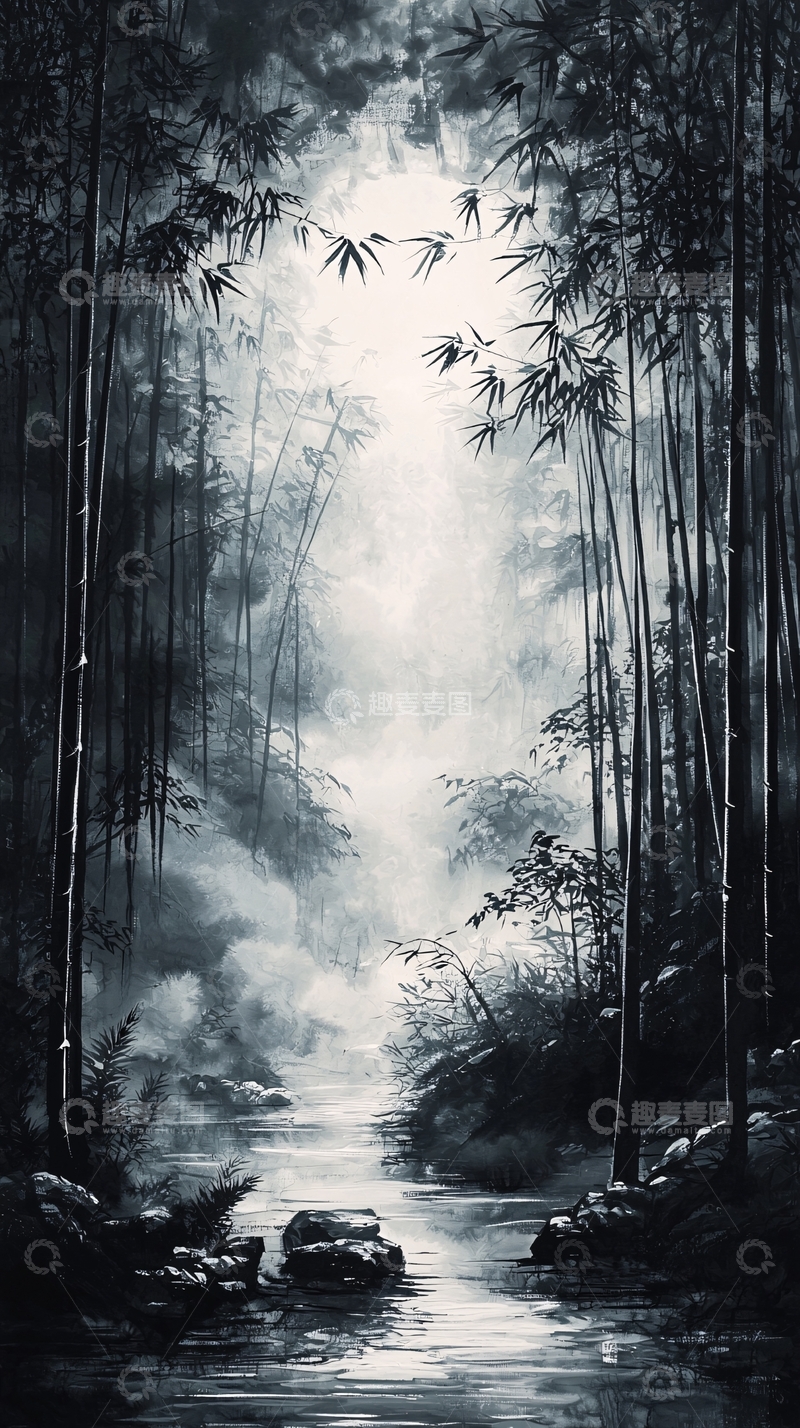 高清大图下载【趣麦麦图】水墨竹林溪流