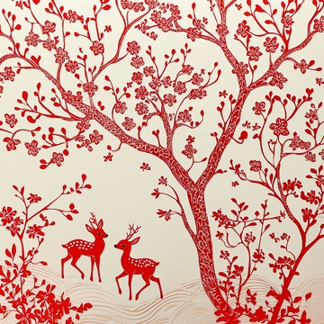 红色花树下的两只鹿