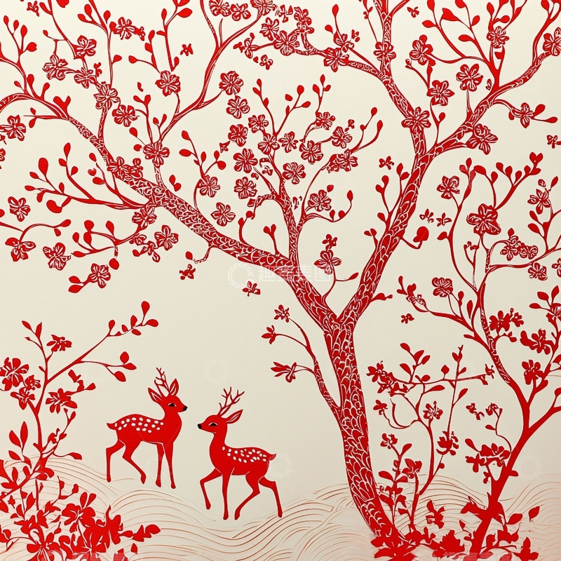 高清大图下载【趣麦麦图】红色花树下的两只鹿