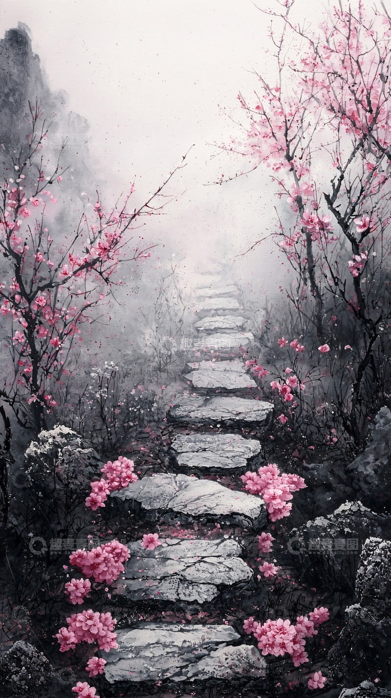 高清大图下载【趣麦麦图】雾气朦胧的樱花小路