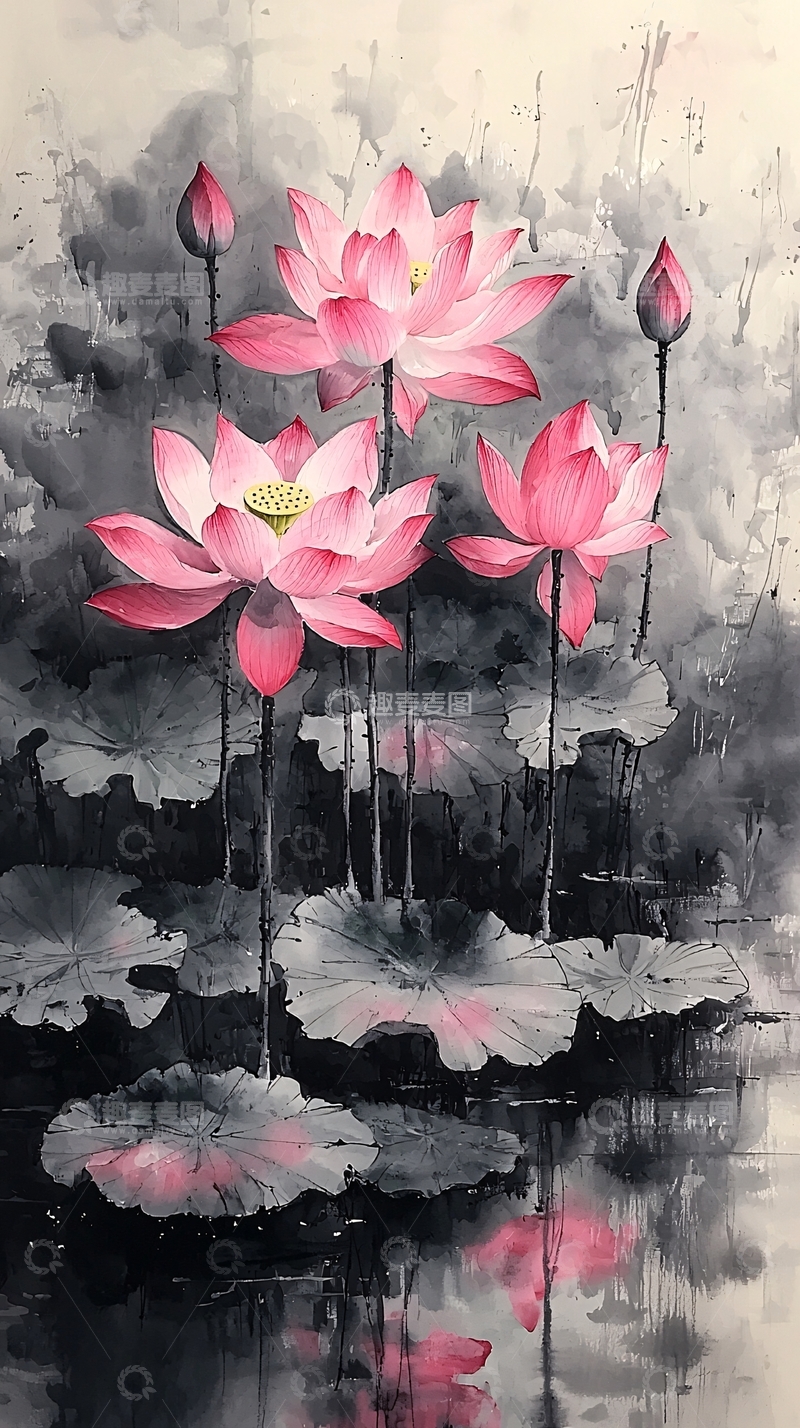 高清大图下载【趣麦麦图】粉色莲花水墨画