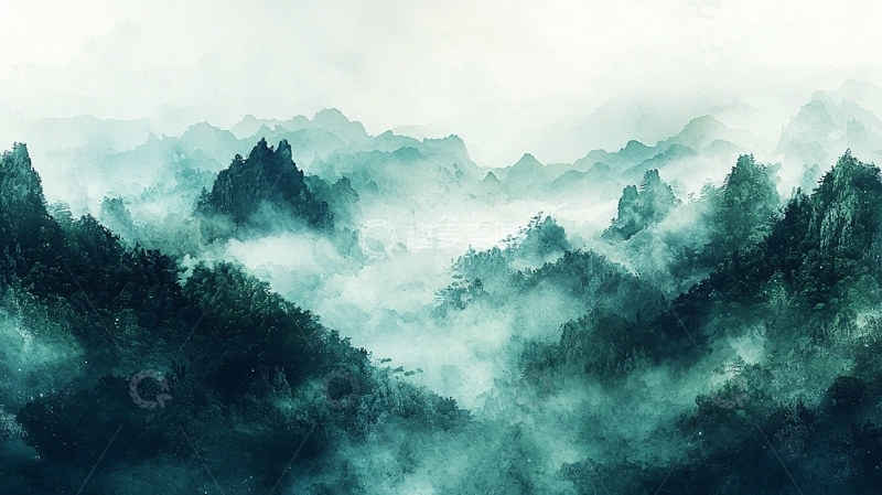 高清大图下载【趣麦麦图】云雾缭绕的青绿色山峦