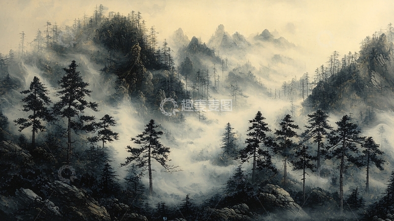 高清大图下载【趣麦麦图】雾气缭绕的山峰森林