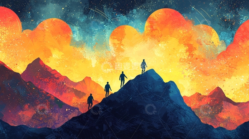 高清大图下载【趣麦麦图】山顶四人剪影