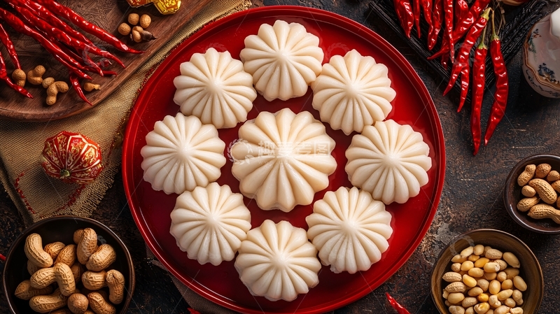 高清大图下载【趣麦麦图】红盘上摆放的白色花形馒头