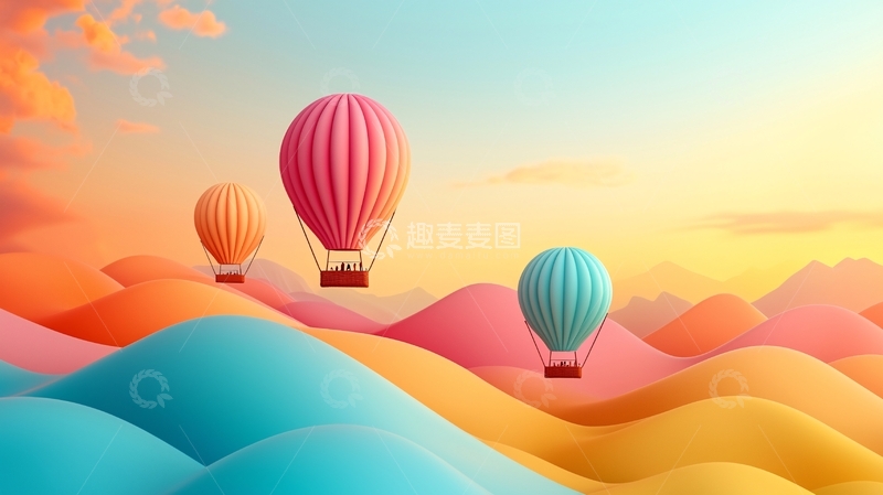 高清大图下载【趣麦麦图】彩色热气球飞跃彩色山丘