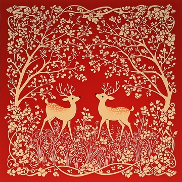 红底金色梅花鹿