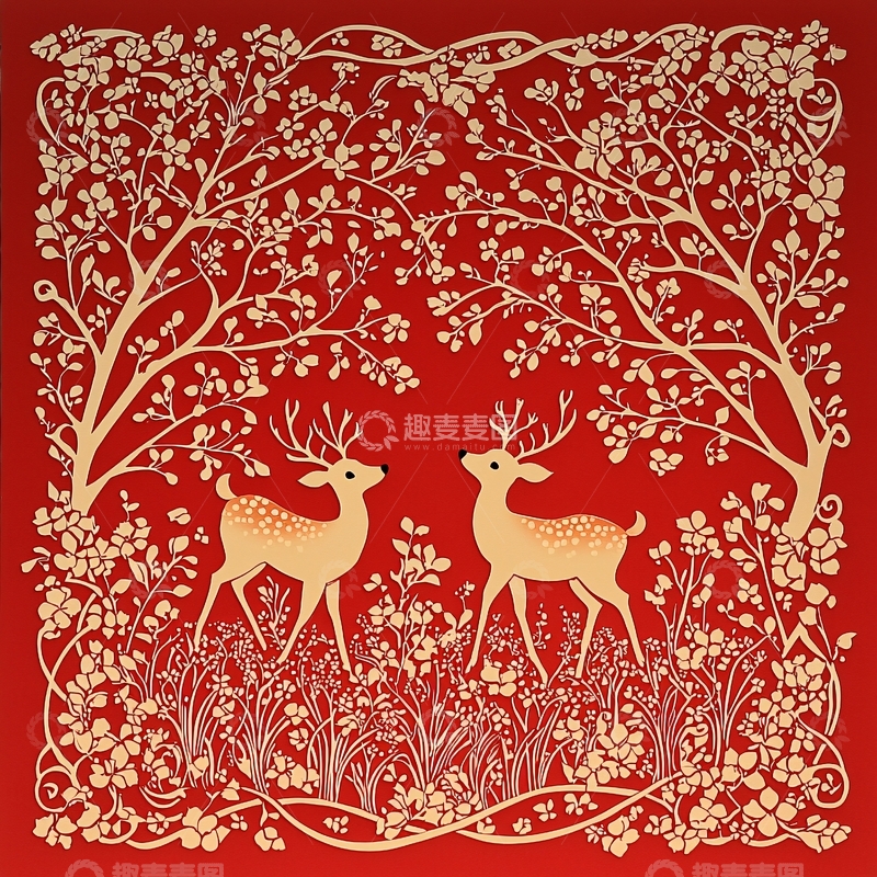 高清大图下载【趣麦麦图】红底金色梅花鹿