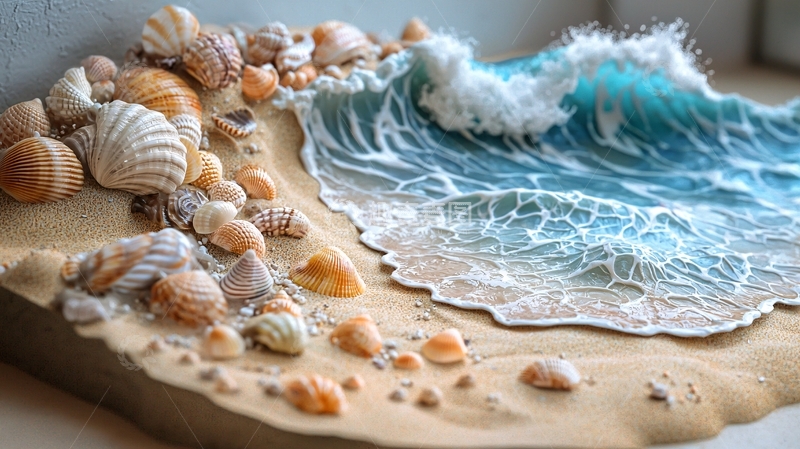 高清大图下载【趣麦麦图】贝壳沙滩海浪微缩景观