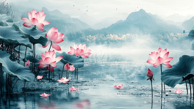 高清大图下载【趣麦麦图】水墨荷花山景图
