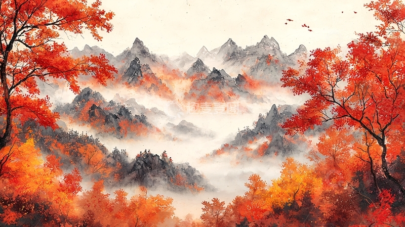高清大图下载【趣麦麦图】红叶秋山景色图