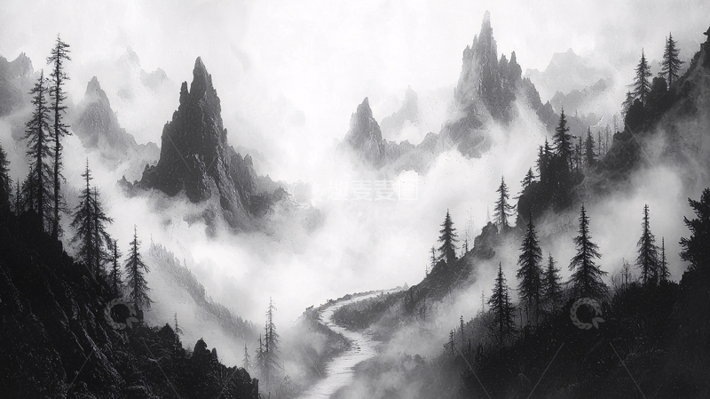 高清大图下载【趣麦麦图】黑白山峰雾气公路