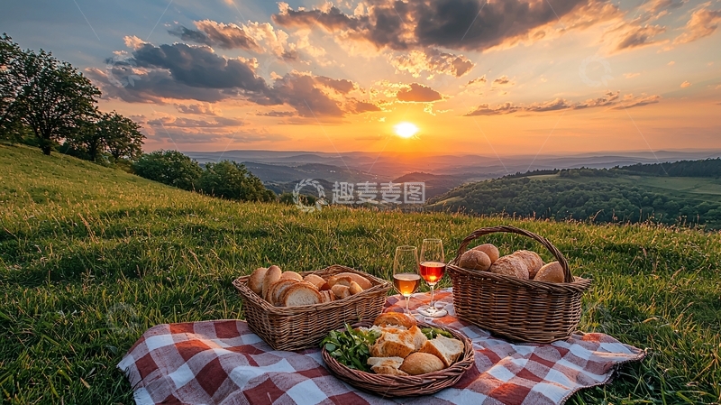 高清大图下载【趣麦麦图】郊外野餐日落时分