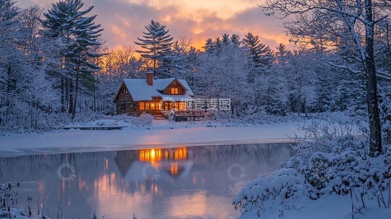 高清大图下载【趣麦麦图】雪景木屋