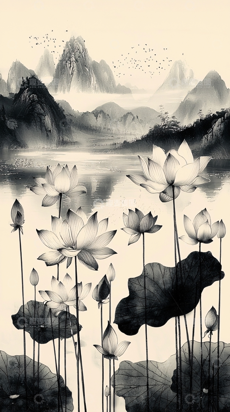 高清大图下载【趣麦麦图】水墨山水荷花图