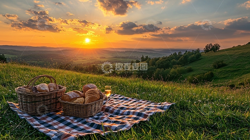 高清大图下载【趣麦麦图】夕阳下田园野餐