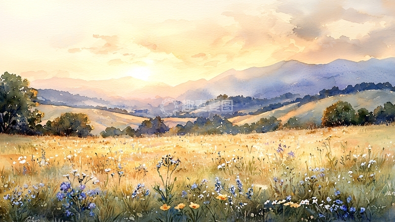 高清大图下载【趣麦麦图】夕阳下的金色田野