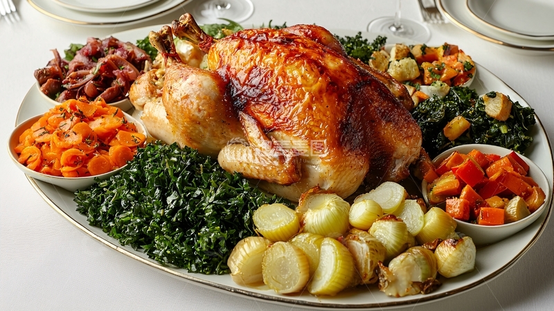 高清大图下载【趣麦麦图】烤全鸡配烤土豆和蔬菜