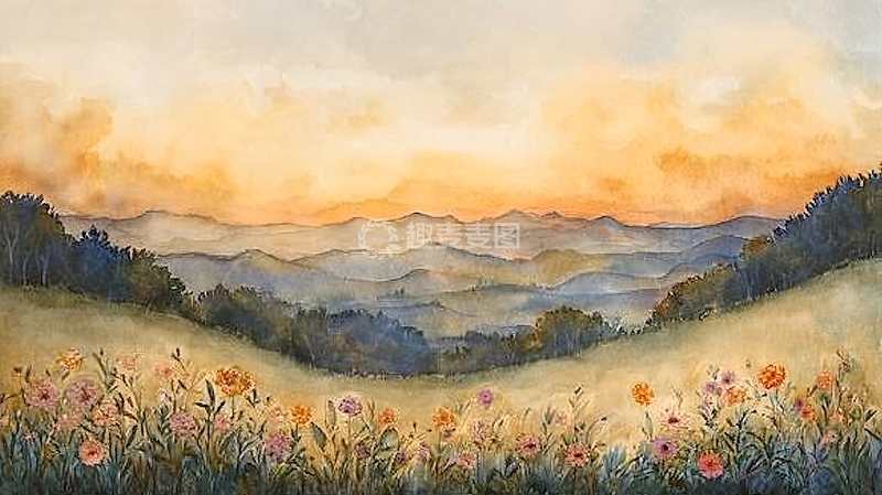 高清大图下载【趣麦麦图】山峦日落花田野景