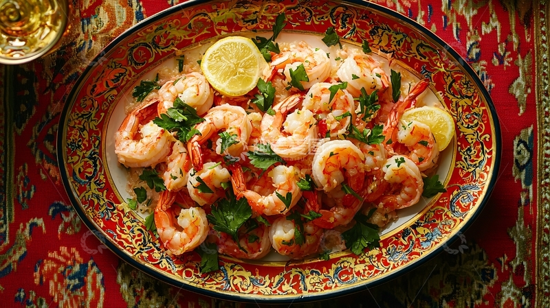 高清大图下载【趣麦麦图】香煎大虾配柠檬香菜