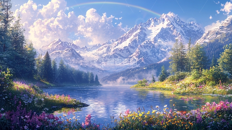 高清大图下载【趣麦麦图】雪山湖泊风景画