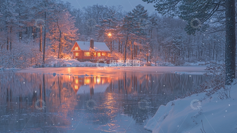 高清大图下载【趣麦麦图】雪夜木屋湖景
