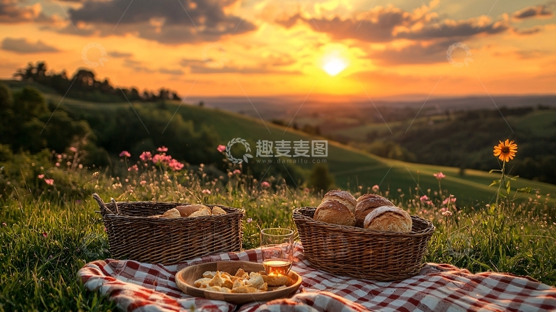 高清大图下载【趣麦麦图】夕阳下草地野餐