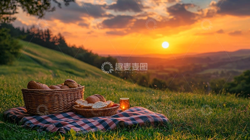 高清大图下载【趣麦麦图】山坡上的日落野餐