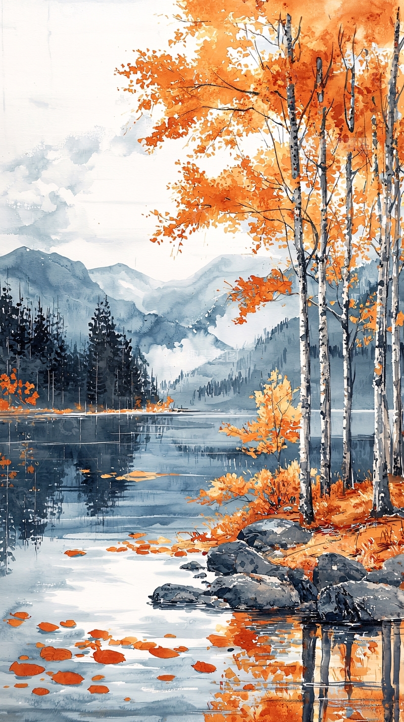 高清大图下载【趣麦麦图】秋日湖边白桦树风景画