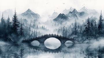 水墨画山水桥