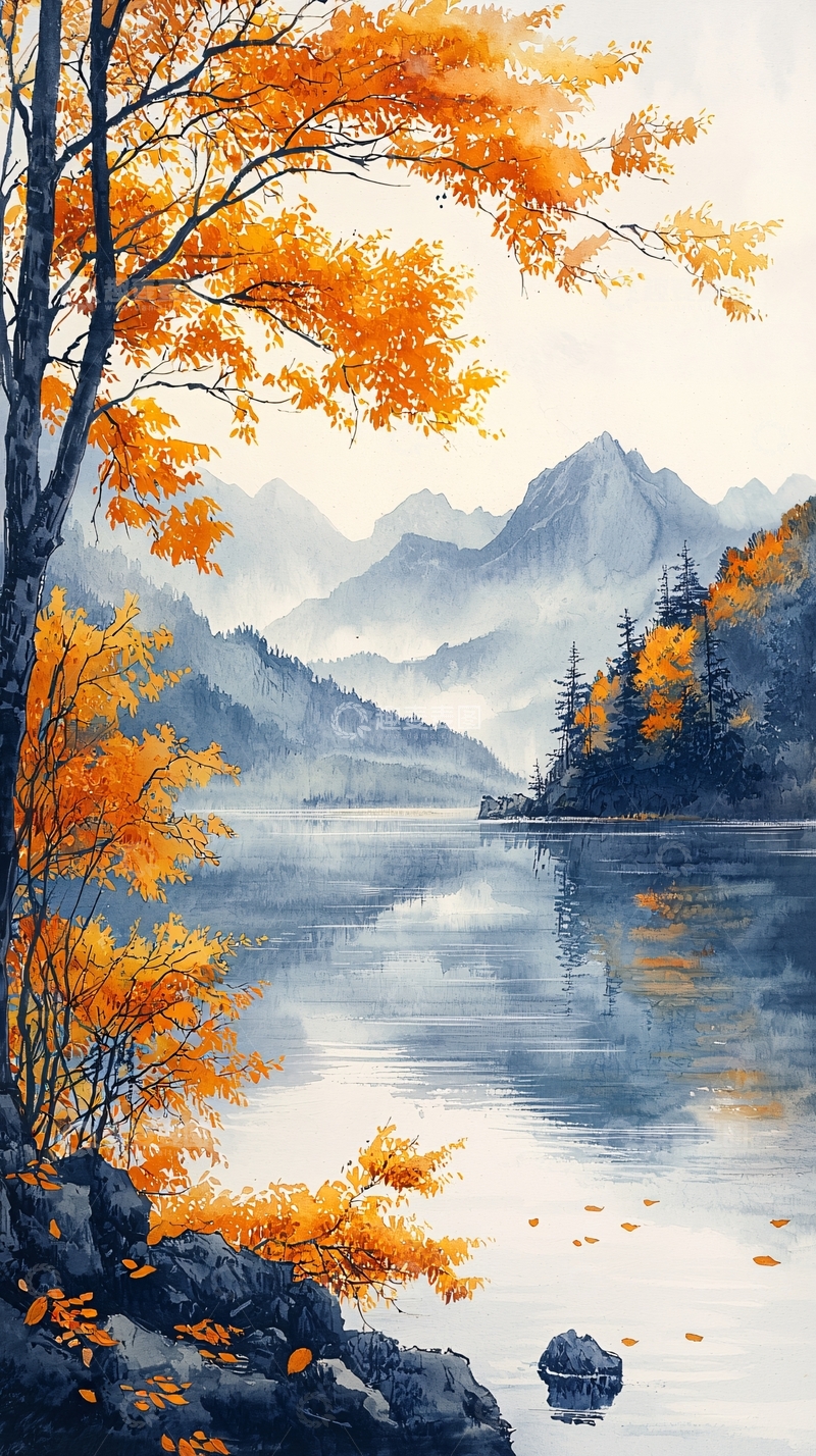 高清大图下载【趣麦麦图】秋日山湖静谧水彩画
