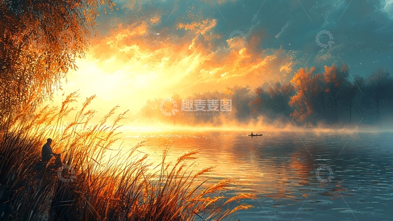 高清大图下载【趣麦麦图】清晨河边垂钓