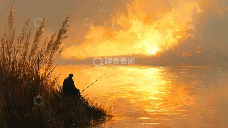 高清大图下载【趣麦麦图】夕阳下垂钓的人