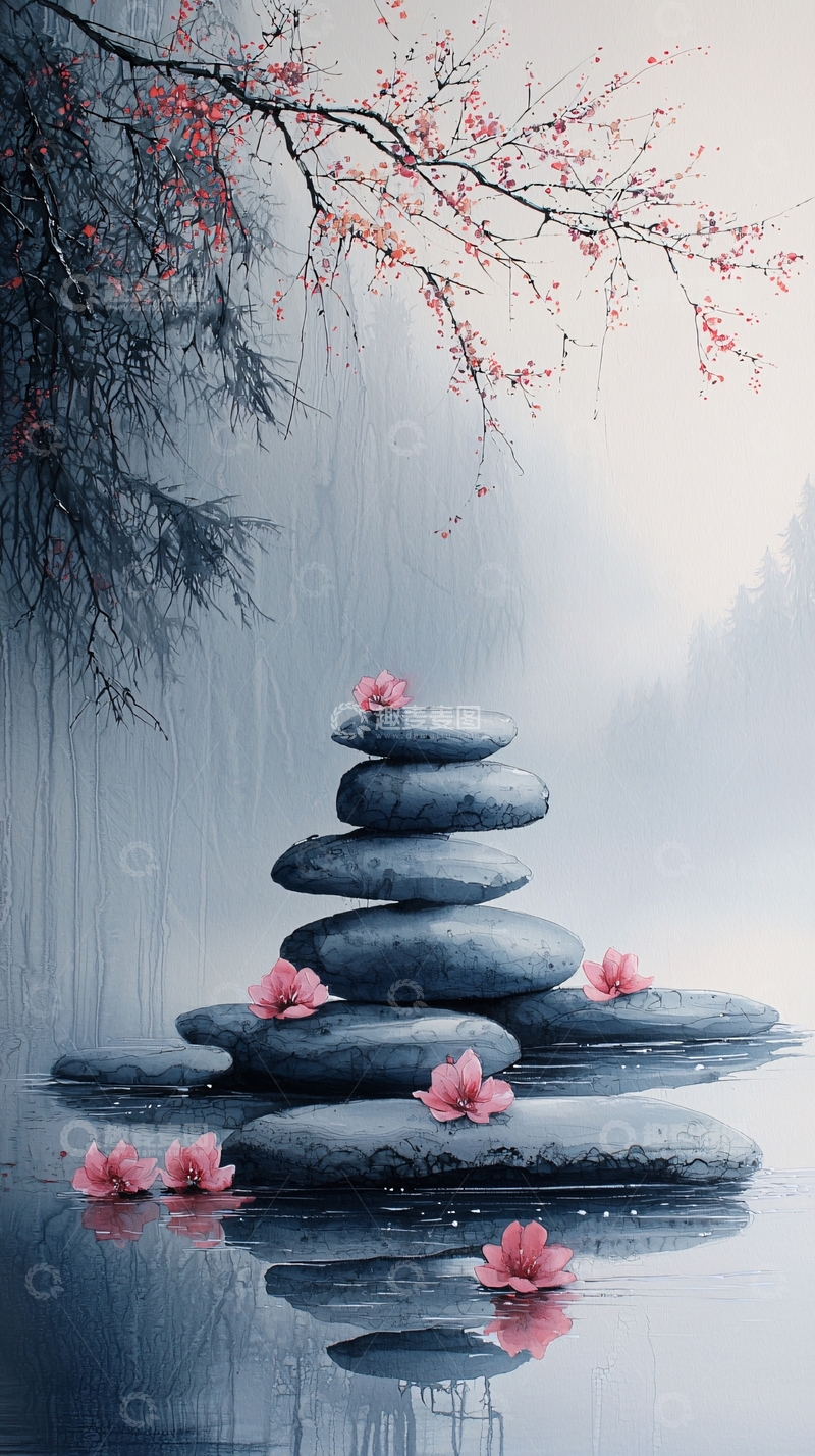 高清大图下载【趣麦麦图】静谧朦胧的叠石与樱花
