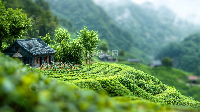 高清大图下载【趣麦麦图】山间小屋绿茶田