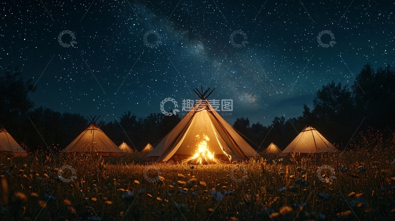高清大图下载【趣麦麦图】星空下篝火帐篷