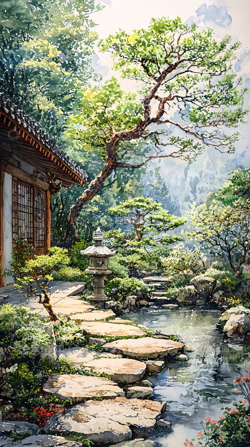 高清大图下载【趣麦麦图】幽静日式庭院风景画