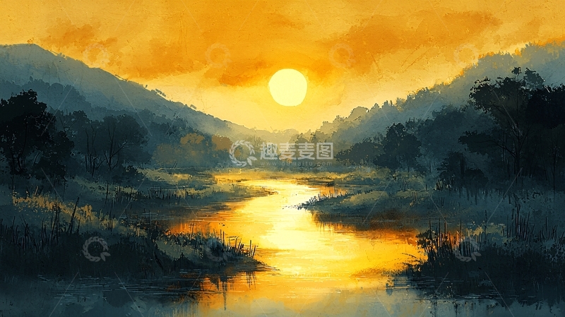 高清大图下载【趣麦麦图】夕阳西下山河壮丽