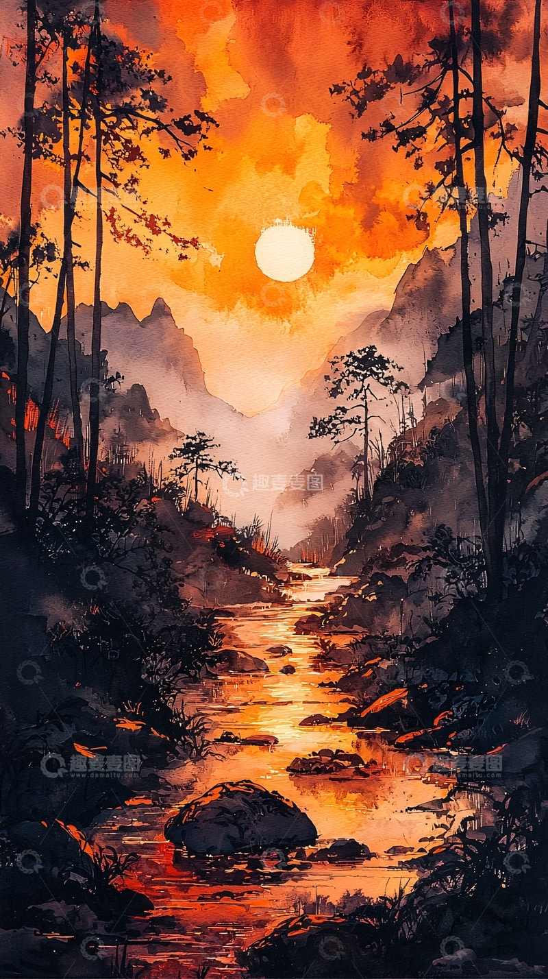 高清大图下载【趣麦麦图】山谷夕阳风景画