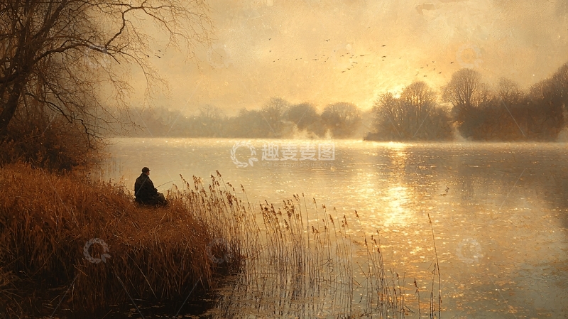 高清大图下载【趣麦麦图】清晨湖边一人静坐