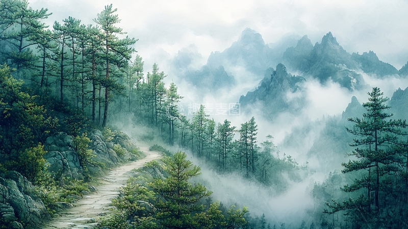 高清大图下载【趣麦麦图】雾气缭绕的山间小路