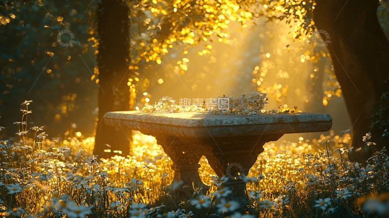 高清大图下载【趣麦麦图】阳光洒满花园石桌