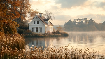 秋日湖边白色小屋
