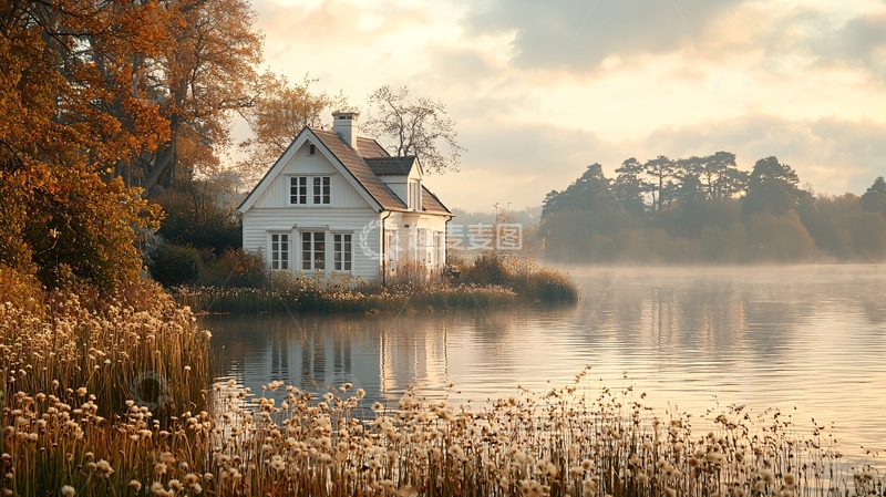 高清大图下载【趣麦麦图】秋日湖边白色小屋