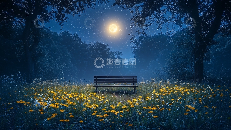 高清大图下载【趣麦麦图】夜空下的公园长椅