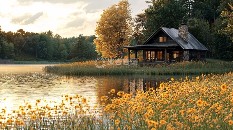 高清大图下载【趣麦麦图】湖边木屋日落向日葵