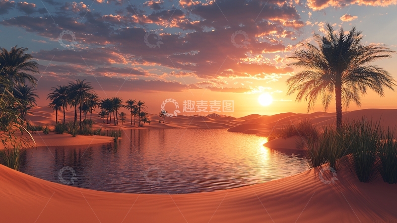 高清大图下载【趣麦麦图】沙漠绿洲日落