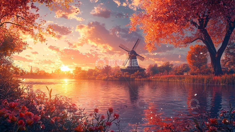 高清大图下载【趣麦麦图】秋日夕阳下的荷兰风车