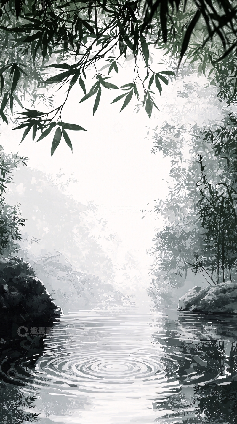 高清大图下载【趣麦麦图】水墨画竹林小溪